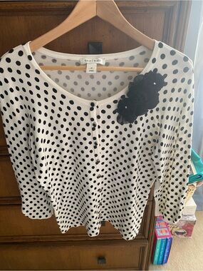 White House black market Polka Dot Cardigan with Black Floral Appliqués